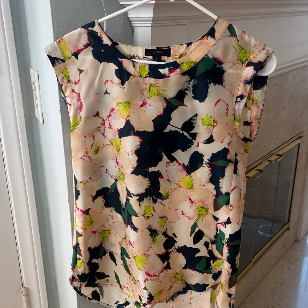 J. Crew Floral Cap-Sleeve Satin Blouse in Cream, Navy and Green